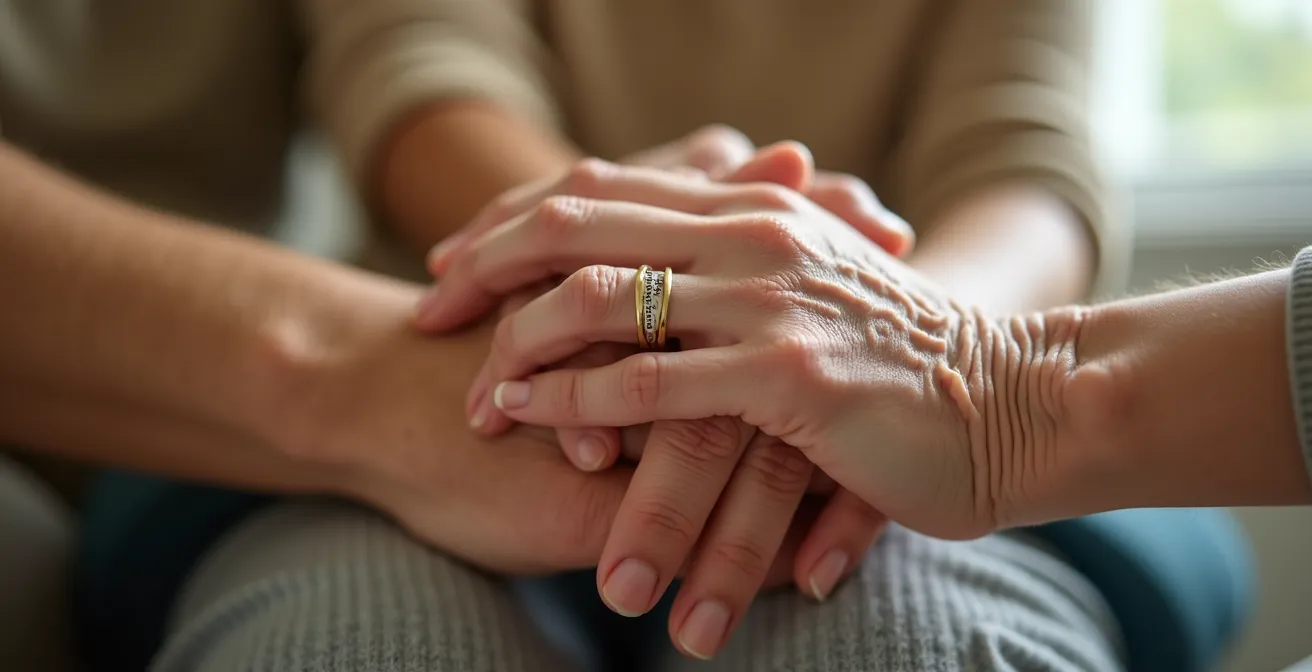 Mains entrelacées de différentes générations symbolisant le soutien et l'accompagnement