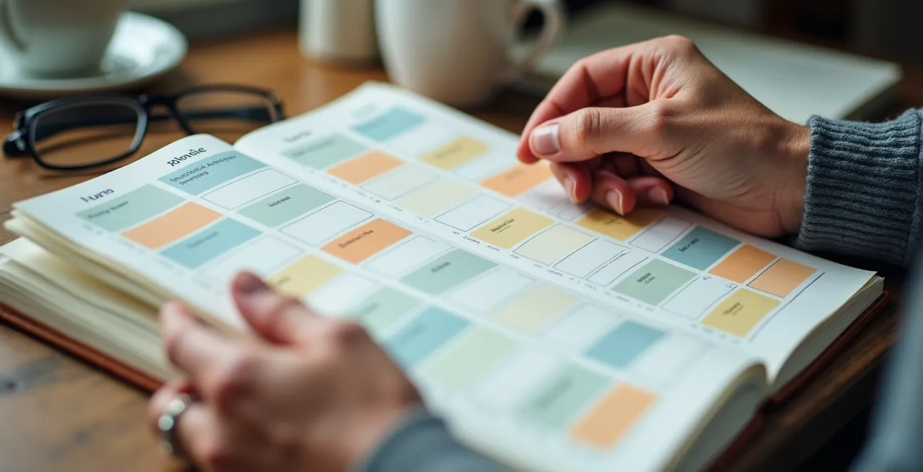 Vue macro d'un agenda ouvert montrant une planification équilibrée d'activités