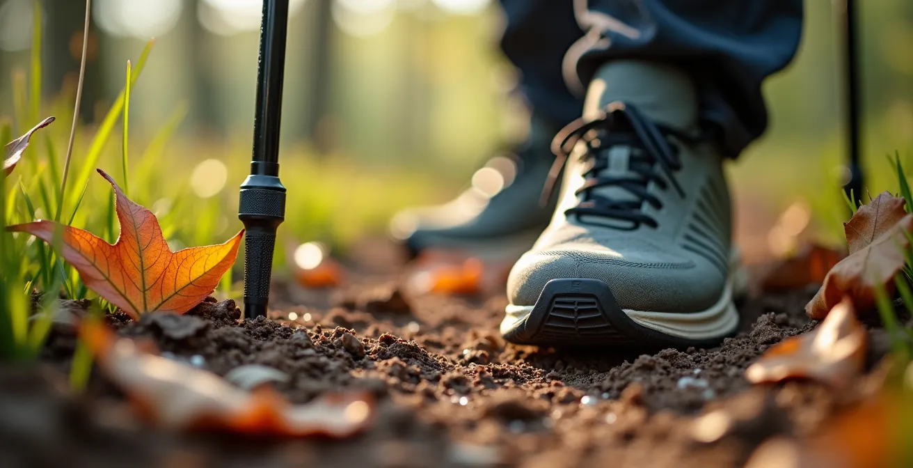 Senior pratiquant la marche nordique dans un parc, une excellente alternative à faible impact au jogging