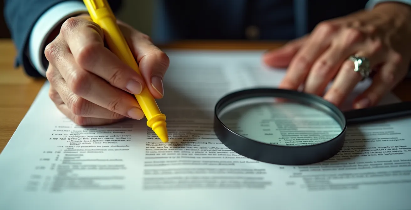 Mains de senior annotant méticuleusement un contrat avec surligneur jaune et stylo rouge, loupe posée sur le document