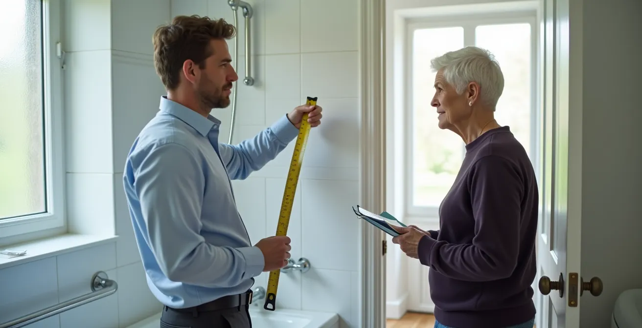 Assistant à maîtrise d'ouvrage effectuant un diagnostic dans le logement d'une personne âgée