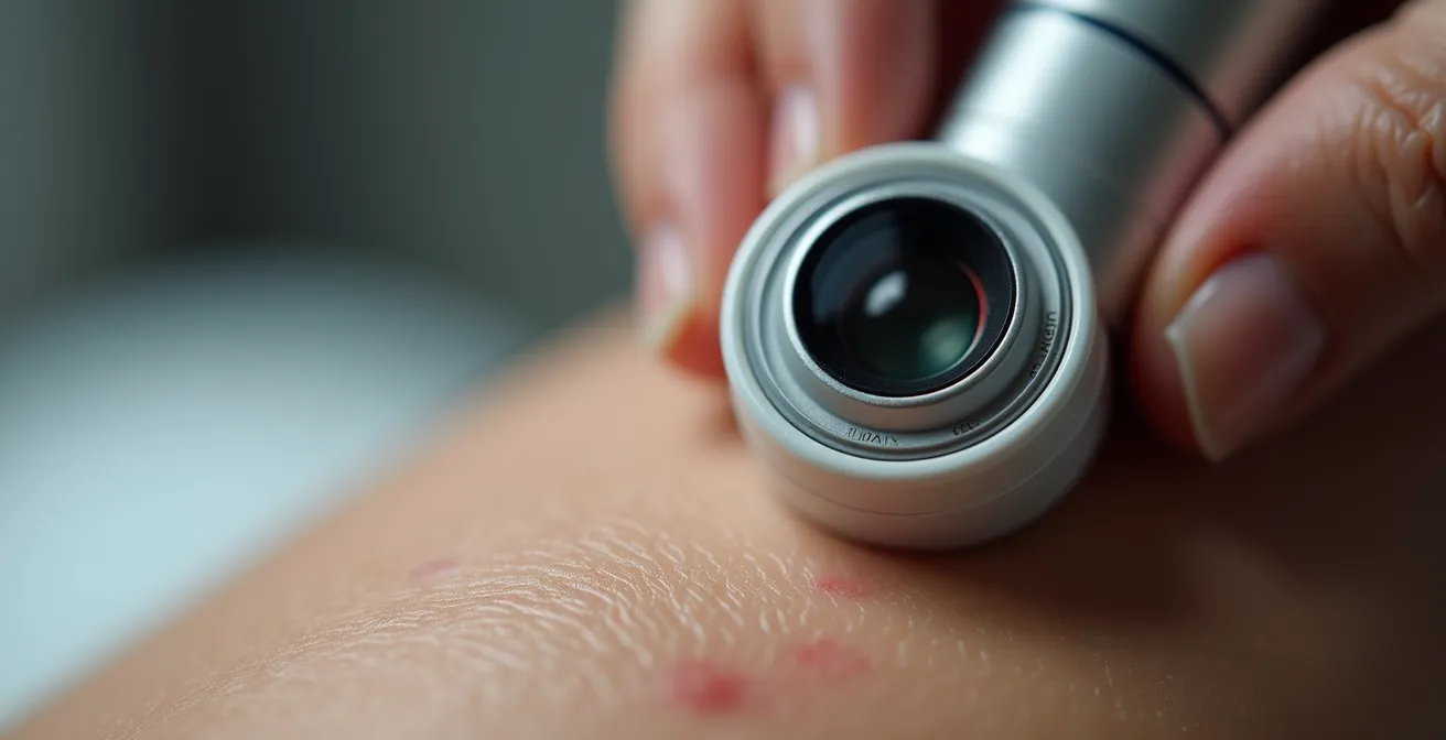 Mains tenant une loupe dermatoscopique examinant la peau en gros plan pour un auto-examen de grain de beauté