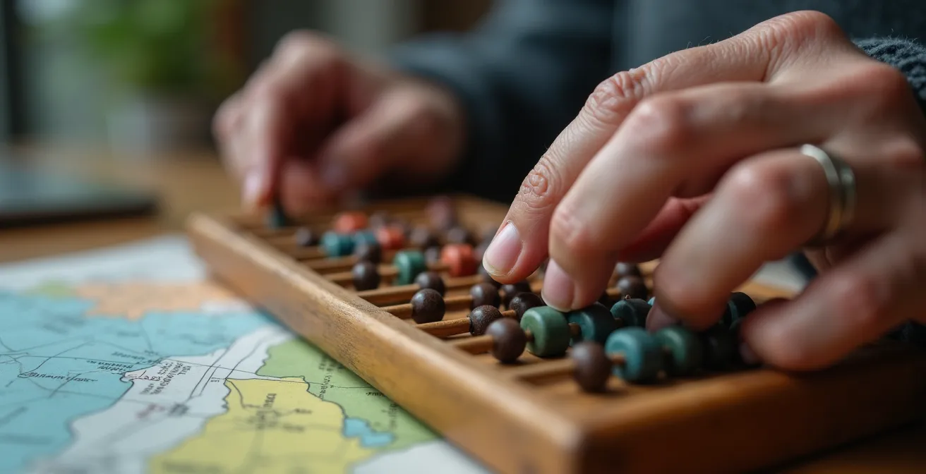 Vue macro de mains de senior utilisant une calculatrice vintage avec des papiers colorés flous en arrière-plan