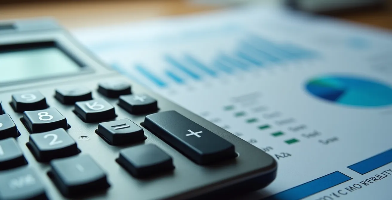 Vue macro de calculatrice et documents fiscaux avec graphiques colorés