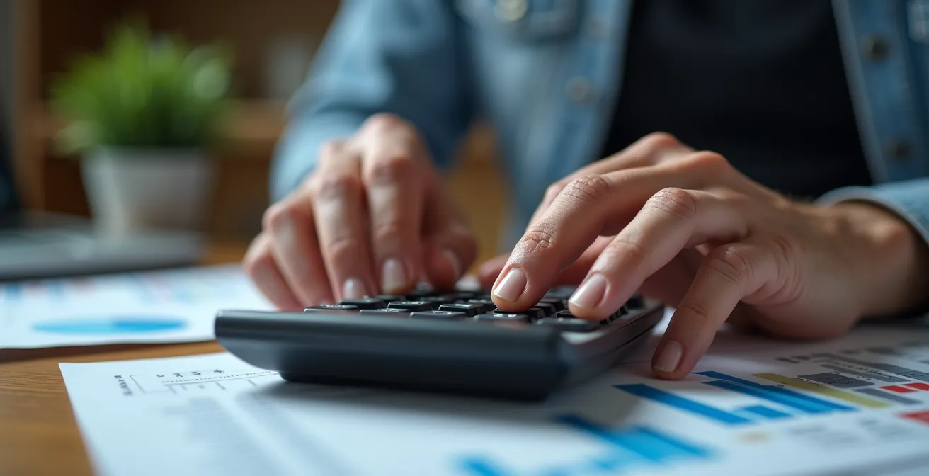 Gros plan sur des mains utilisant une calculatrice avec graphiques financiers flous en arrière-plan