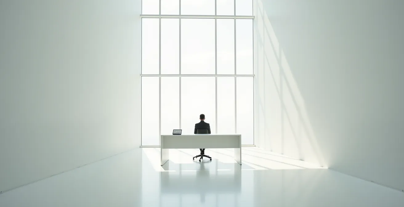 Personne seule à un bureau dans un grand espace minimaliste, symbolisant le calcul stratégique de la rentabilité d'un rachat de trimestres.