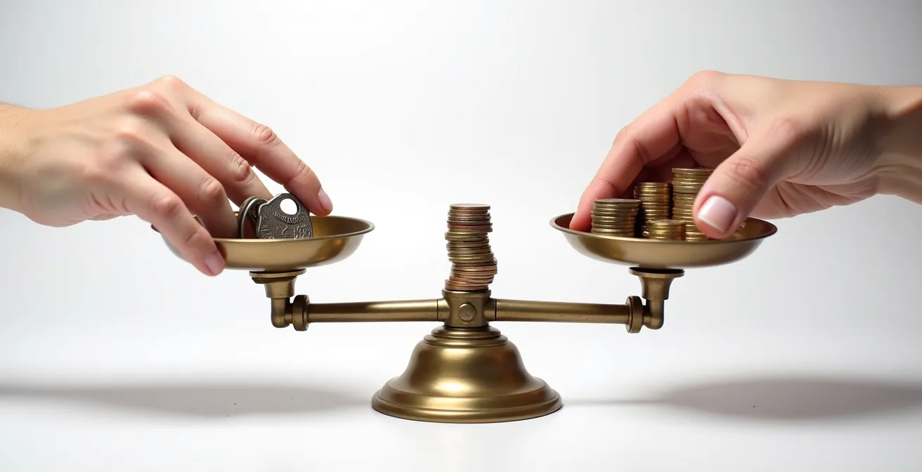 Mains tenant une balance symbolique avec des pièces d'un côté et des clés de maison de l'autre, représentant l'équilibre financier.