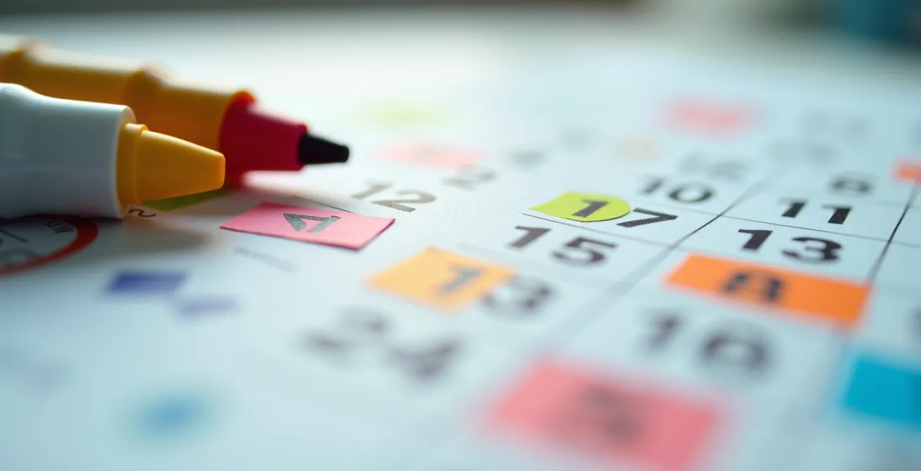 Calendrier avec marquages colorés pour dates importantes de planification retraite