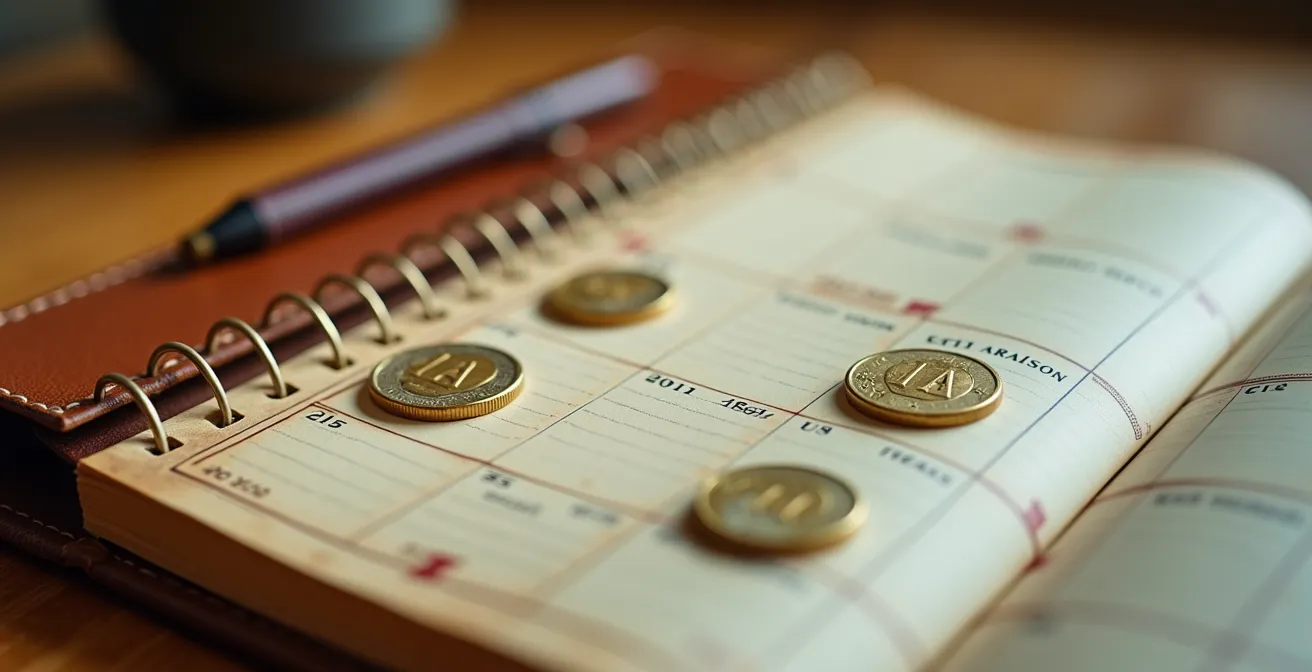 Vue macro d'un calendrier avec des pièces d'or posées sur différentes dates représentant les donations échelonnées