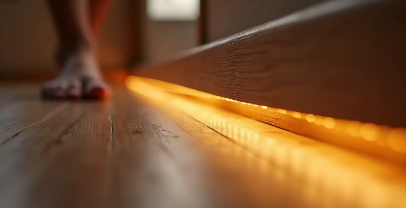Couloir sombre avec un chemin lumineux LED au sol guidant vers la salle de bain, sécurisant les déplacements nocturnes.