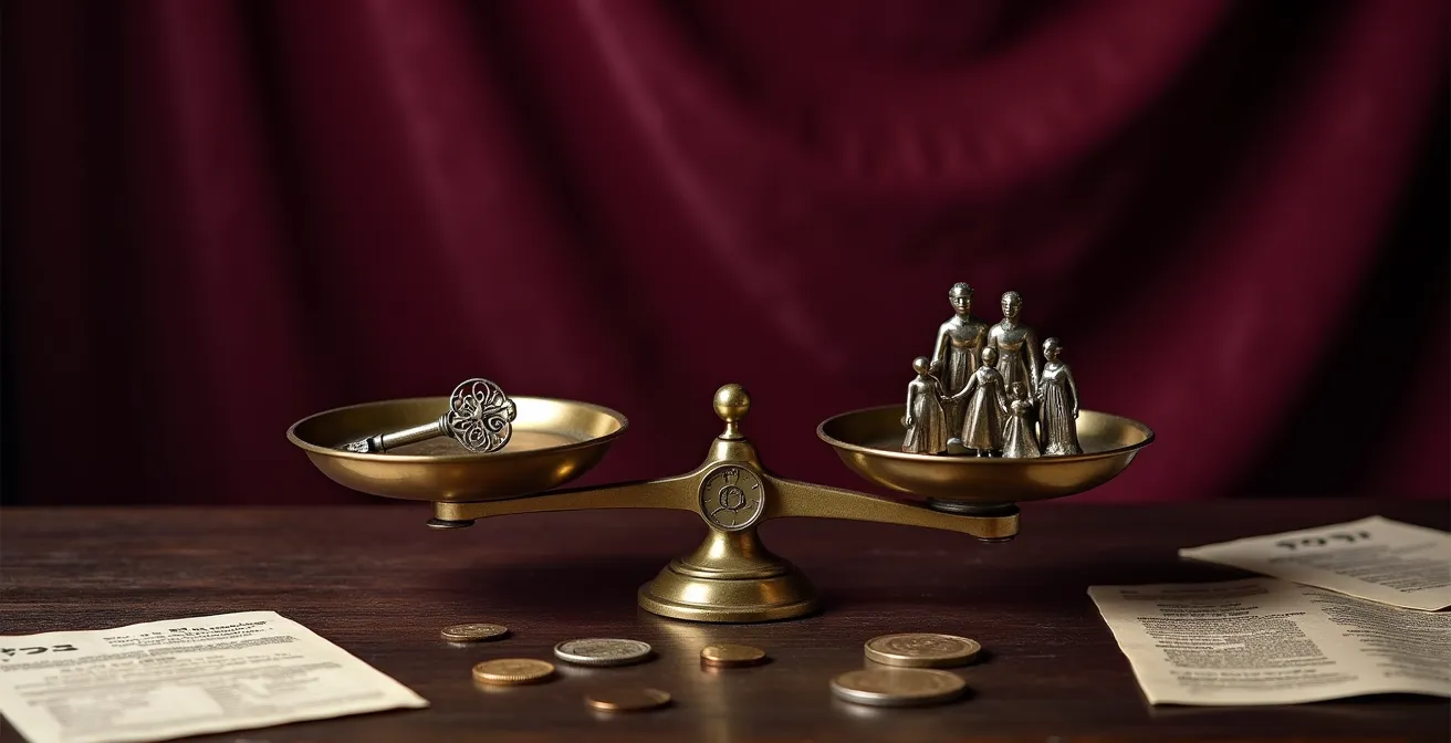 Scène symbolique de transmission familiale avec balance équilibrée et documents financiers