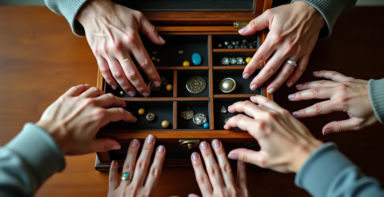 Mains de plusieurs générations autour d'une table avec coffret vintage ouvert