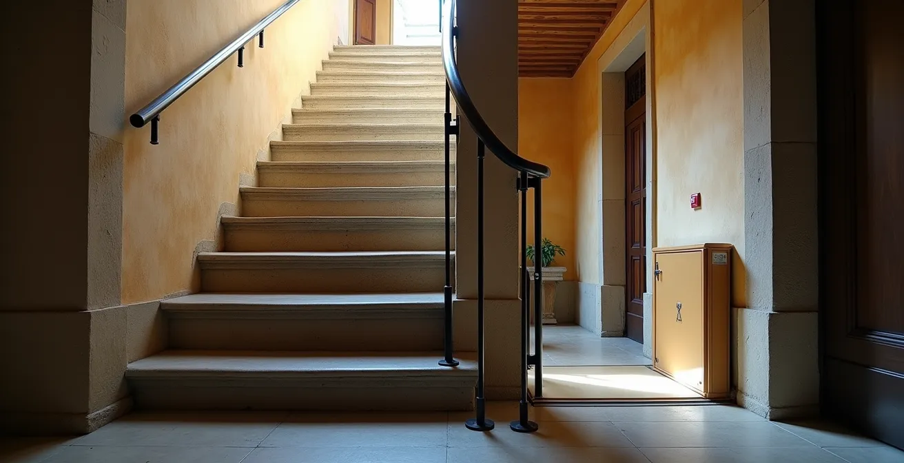 Vue comparative d'une cage d'escalier avec plateforme élévatrice installée