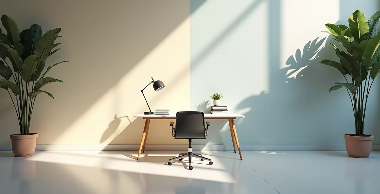 Vue aérienne minimaliste d'un bureau avec deux chemins symboliques représentant les choix de fin de carrière