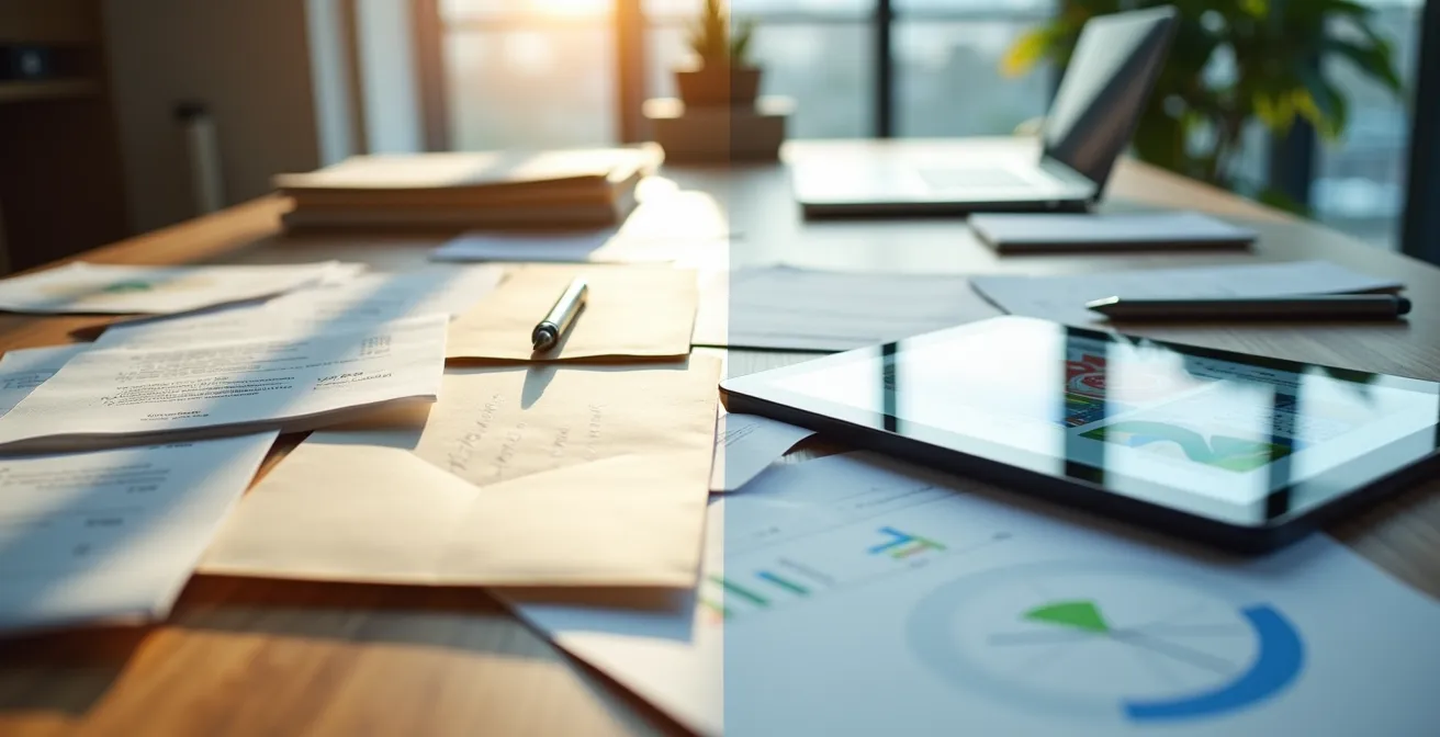 Bureau avec deux piles de documents, calculatrice et graphiques comparatifs symbolisant le choix entre emploi direct et entreprise prestataire.