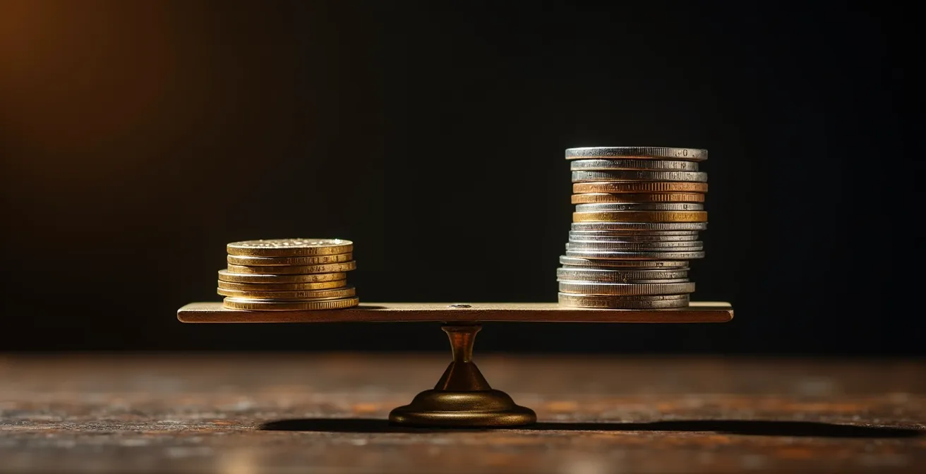 Visualisation comparative des trimestres cotisés et assimilés, illustrée par deux piles de pièces sur une balance.