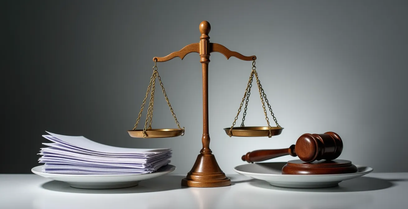 Balance symbolique équilibrée avec documents administratifs d'un côté et marteau de justice de l'autre