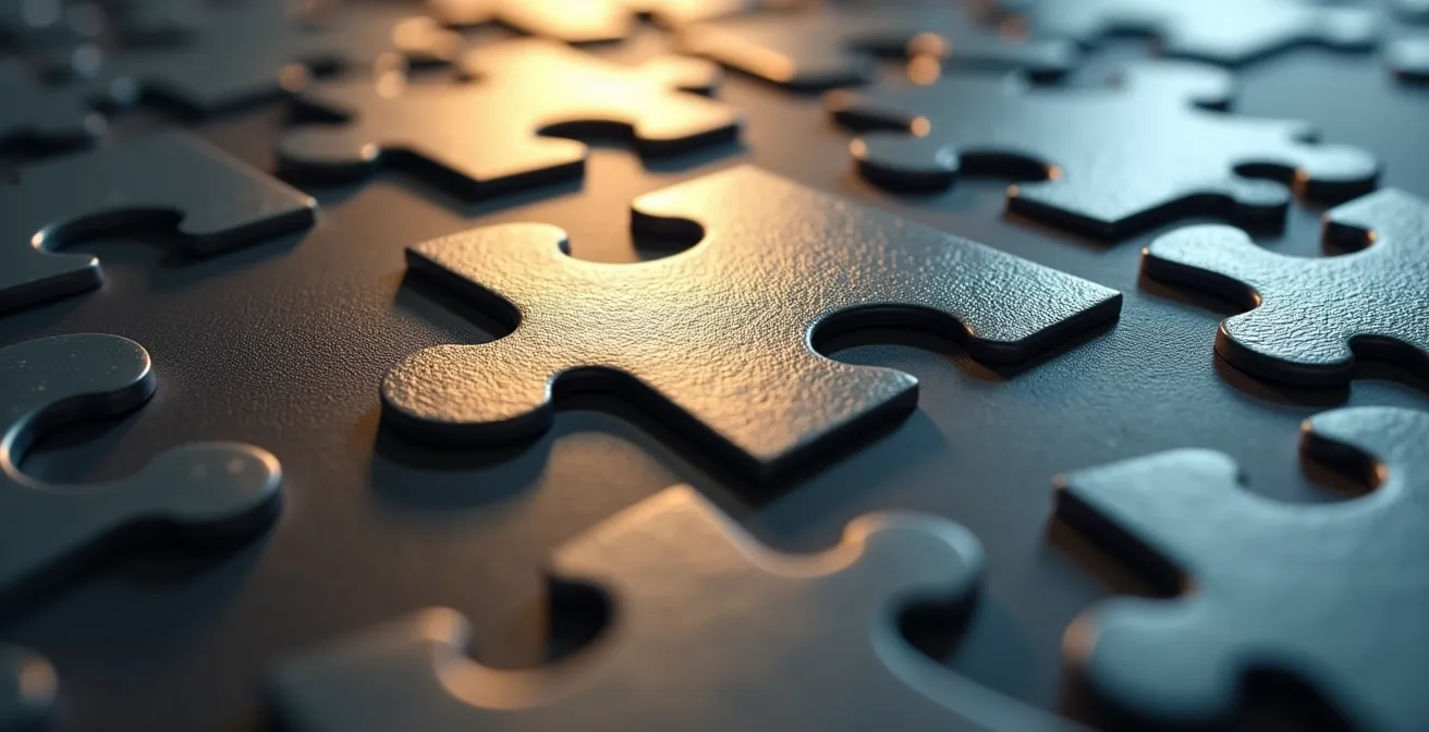 Vue macro de pièces de puzzle métalliques imbriquées symbolisant l'assemblage des trimestres