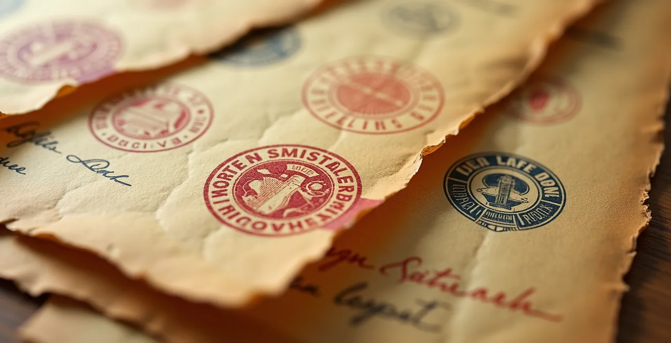 Gros plan sur des documents d'archives d'apprentissage anciens, montrant la texture du papier vieilli.