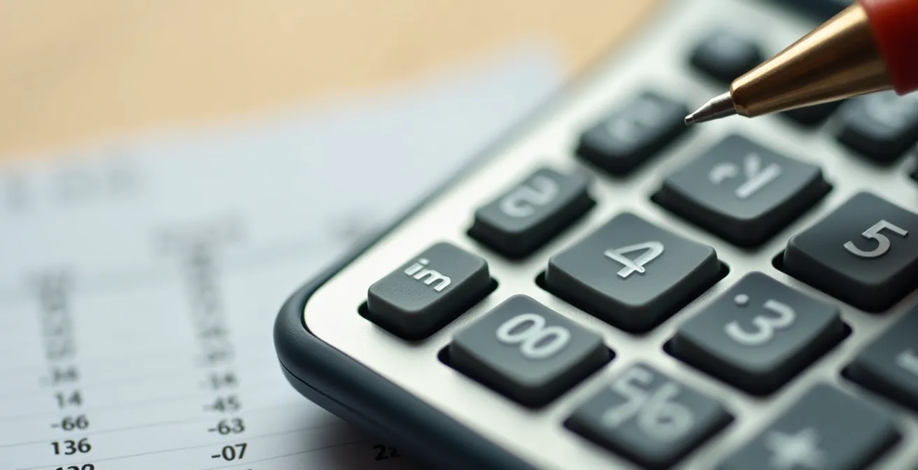 Bureau avec documents fiscaux floutés et calculatrice montrant des calculs de retraite