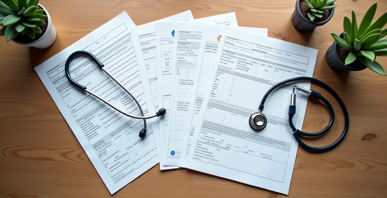 Documents médicaux et ordonnance bizone posés sur un bureau avec stéthoscope