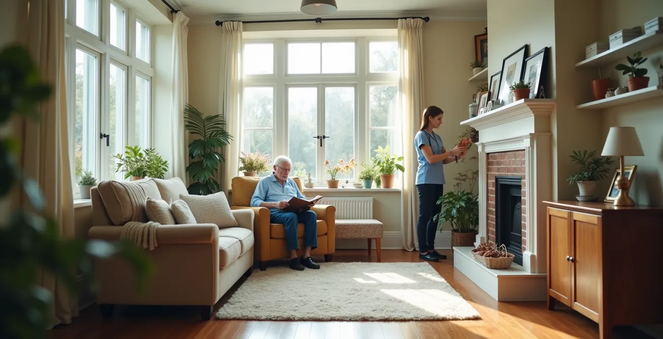 Personne âgée échangeant avec son aide à domicile dans un cadre personnalisé