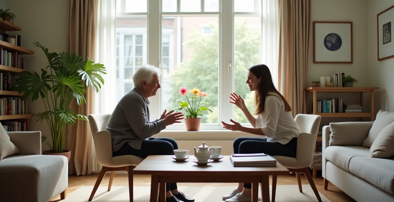 Senior et étudiant discutant autour d'une table basse dans un salon lumineux pour établir leur charte de vie commune