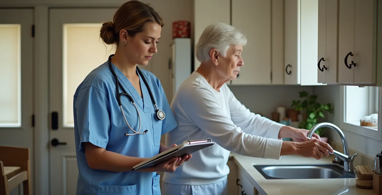 Ergothérapeute observant une personne âgée dans sa cuisine pour évaluer ses mouvements quotidiens.
