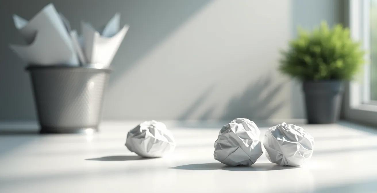 Bureau avec documents froissés et corbeille suggérant une erreur de calcul