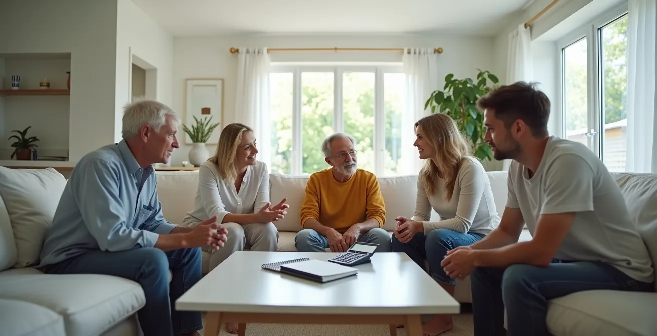 Vue d'ensemble d'un salon familial avec plusieurs générations réunies autour d'une table basse