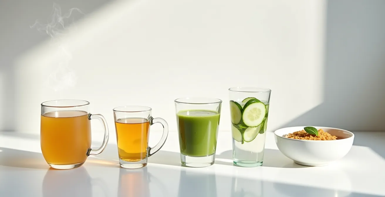 Variété de boissons hydratantes colorées pour seniors incluant bouillons et smoothies protéinés