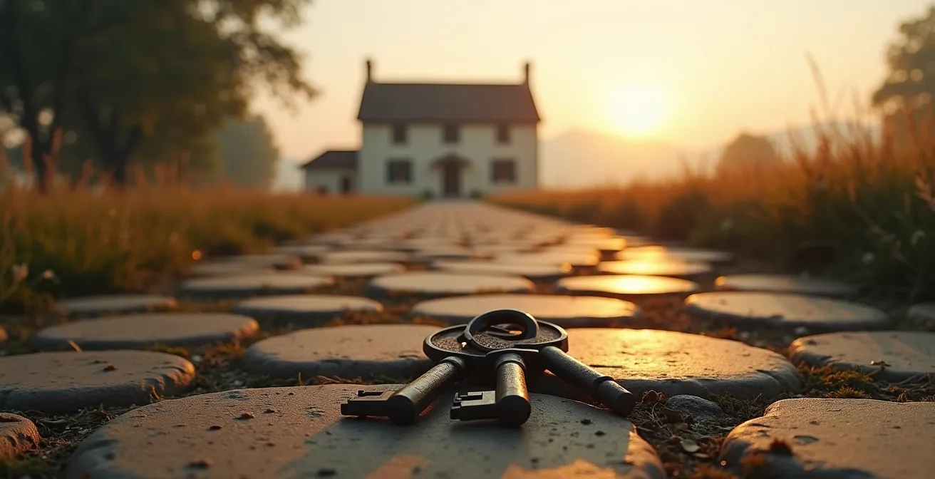 Maison de famille photographiée en perspective avec des éléments symbolisant la division et le blocage