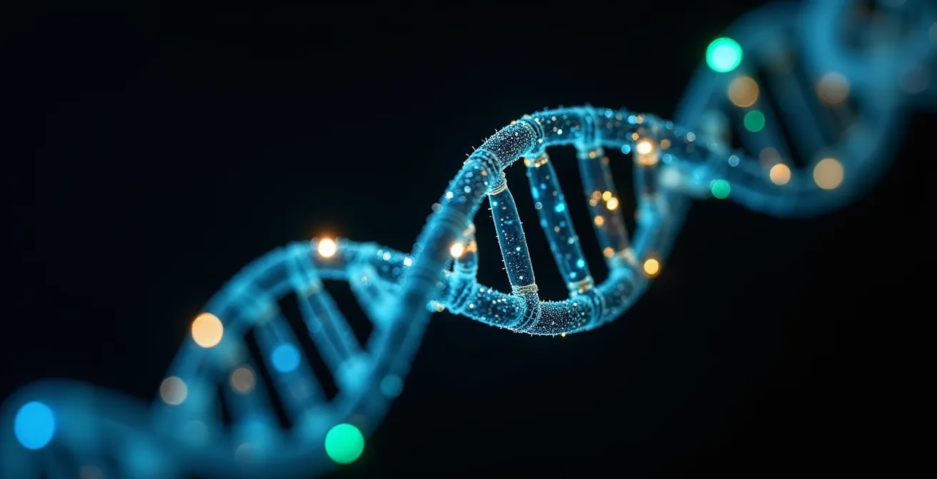 Représentation artistique d'une double hélice d'ADN avec des éclats de lumière colorés symbolisant l'activation épigénétique