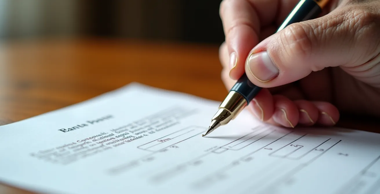 Main d'une personne senior signant un document de changement de mutuelle santé