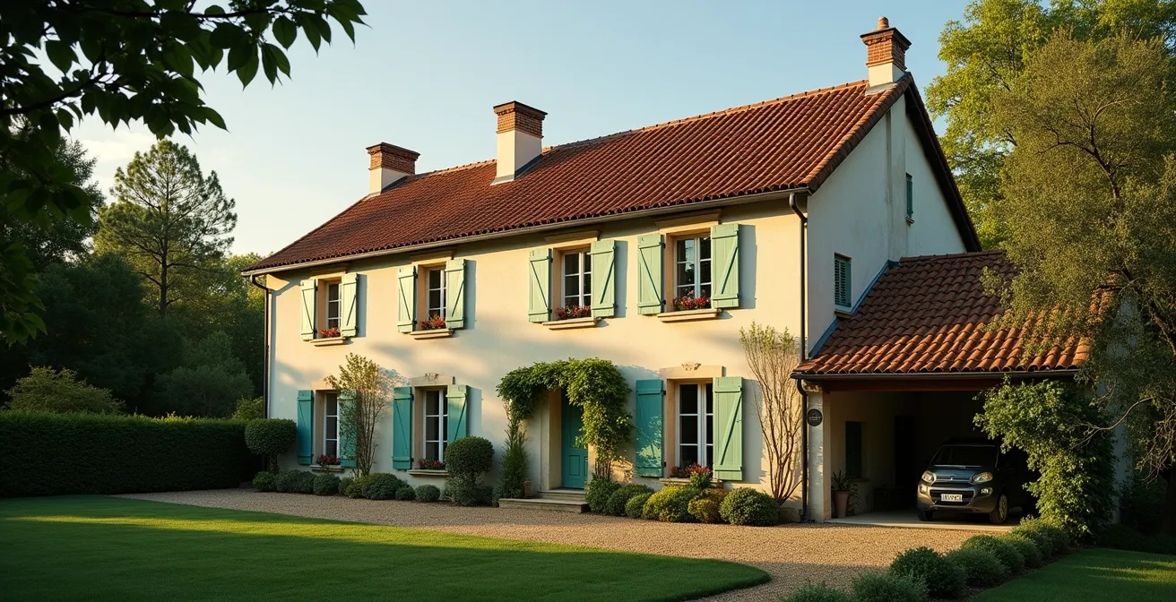 Vue grand angle d'une maison familiale française traditionnelle entourée d'un jardin, atmosphère nostalgique