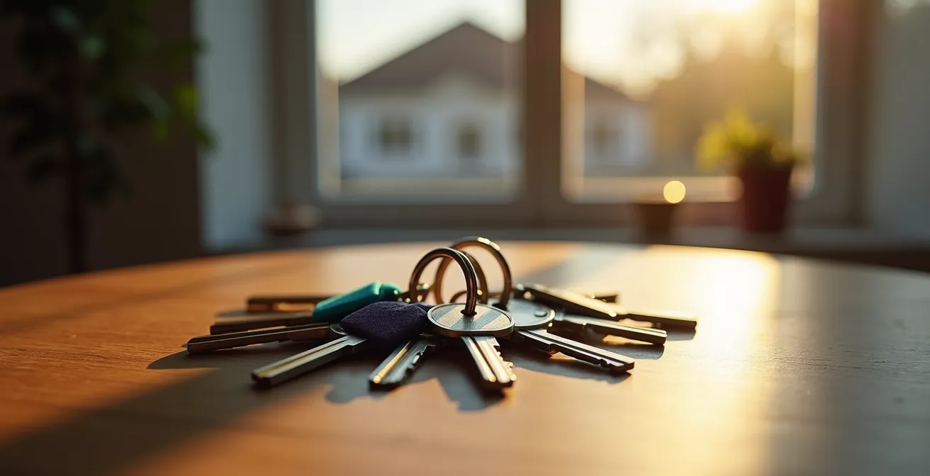 Plusieurs jeux de clés posés sur une table ancienne symbolisant le partage d'une maison familiale