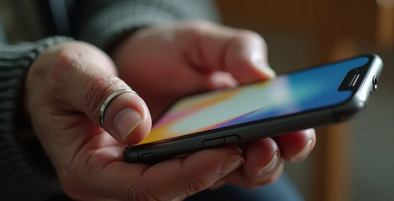 Main d'une personne âgée tenant un smartphone symbolisant la manipulation émotionnelle