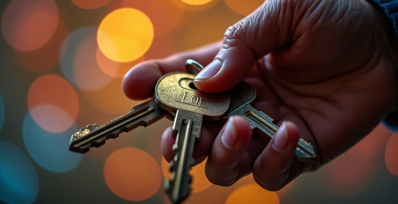 Vue macro d'une main tenant des clés avec des reflets colorés abstraits symbolisant les connexions mnémoniques