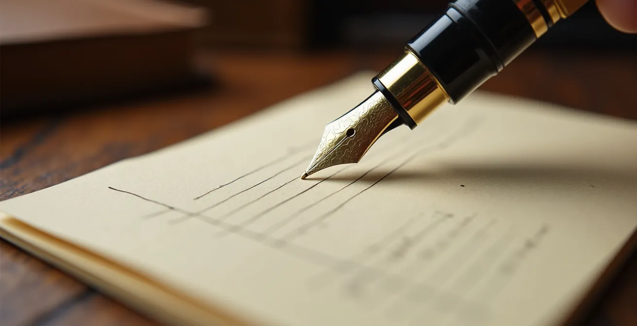 Main de notaire tenant un stylo au-dessus de documents juridiques sur un bureau en bois