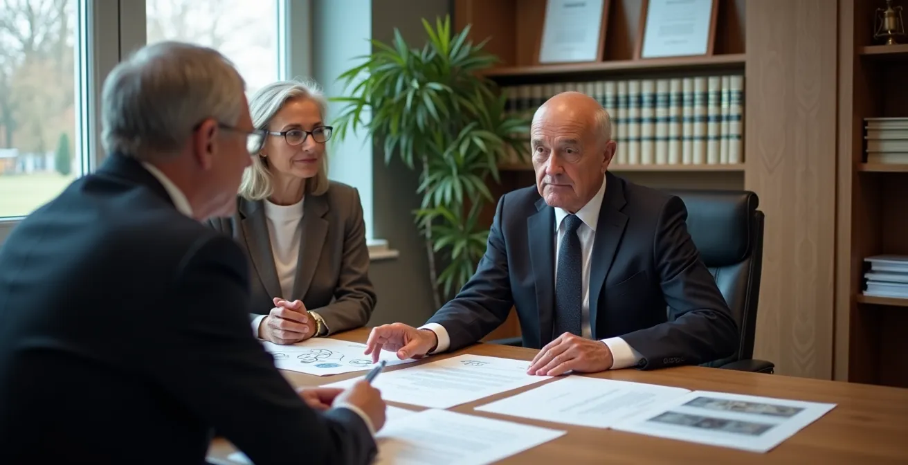 Notaire présentant des options de régime matrimonial à un couple de seniors dans son cabinet