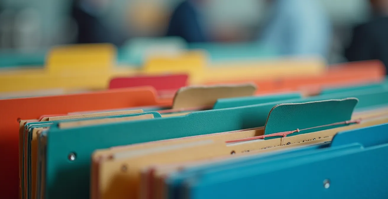 Vue macro de dossiers administratifs colorés organisés avec onglets pour Sécu, Mutuelle et Caisse de retraite