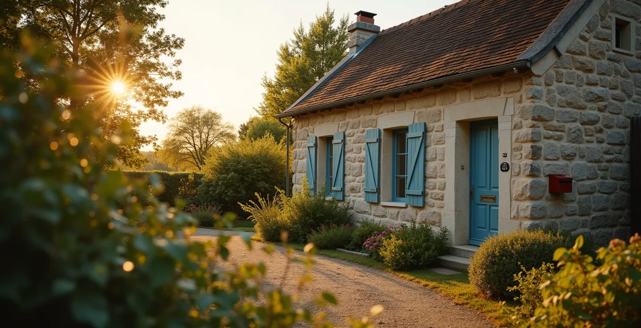 Vue extérieure d'une petite maison de campagne française avec jardin, illustrant un patrimoine modeste protégé