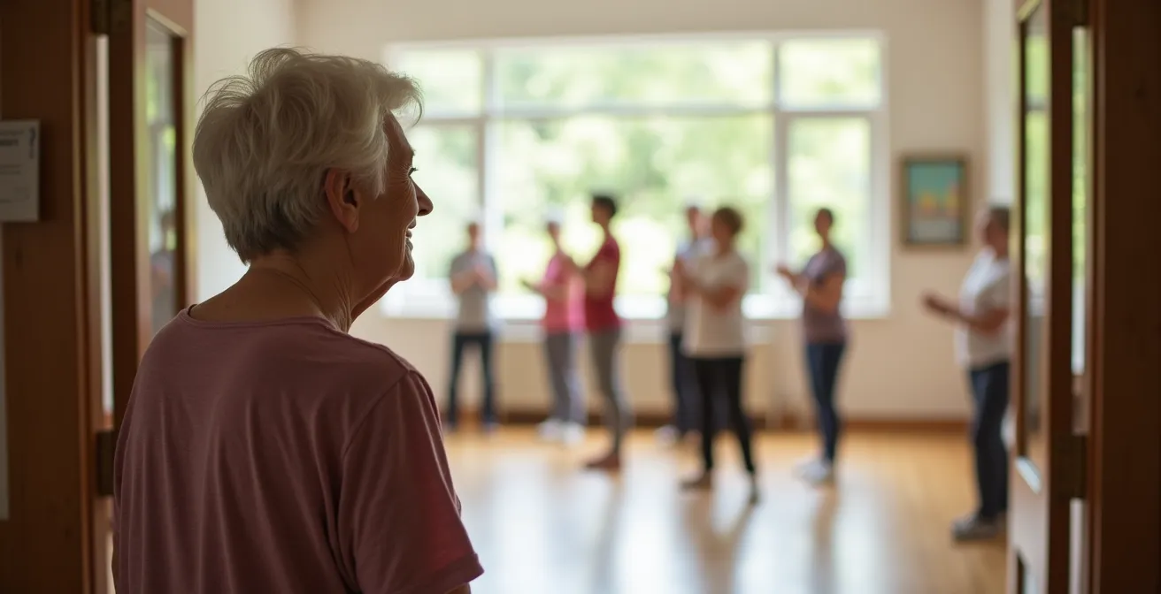 Senior observant avec intérêt un cours de gymnastique douce avant d'y participer