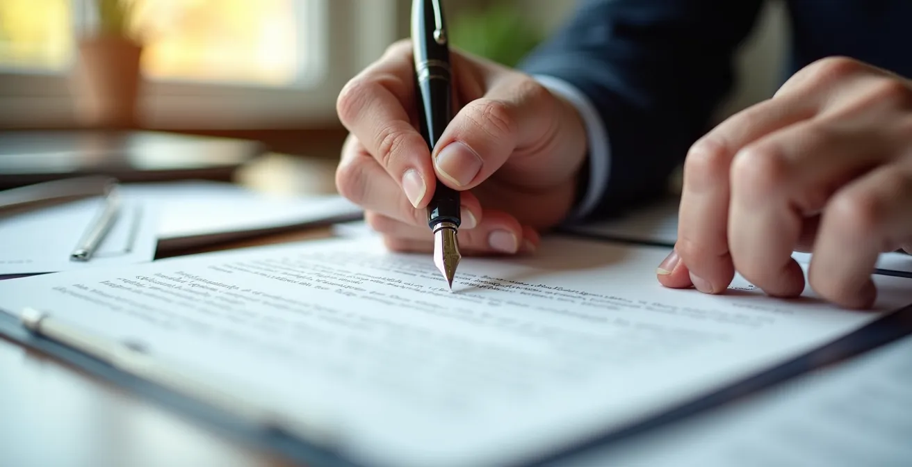 Personne senior rédigeant soigneusement une lettre à son bureau avec documents de carrière