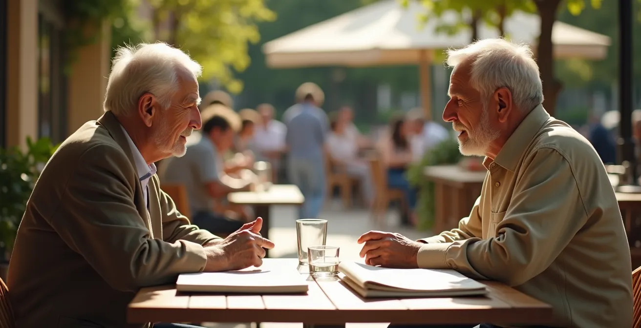 Première rencontre sécurisée entre seniors sur une terrasse de café ensoleillée