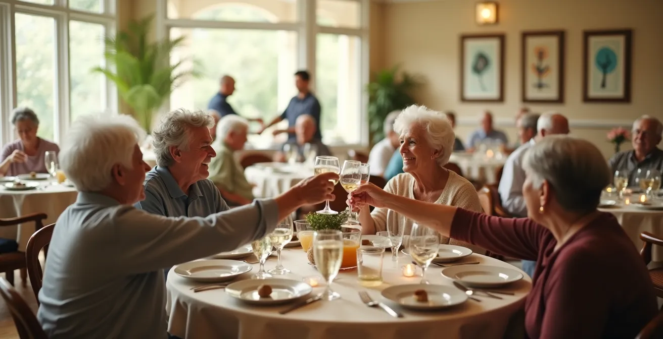 Vue d'ensemble d'une salle de restaurant lumineuse de résidence senior avec plusieurs tables occupées par des résidents souriants partageant un repas