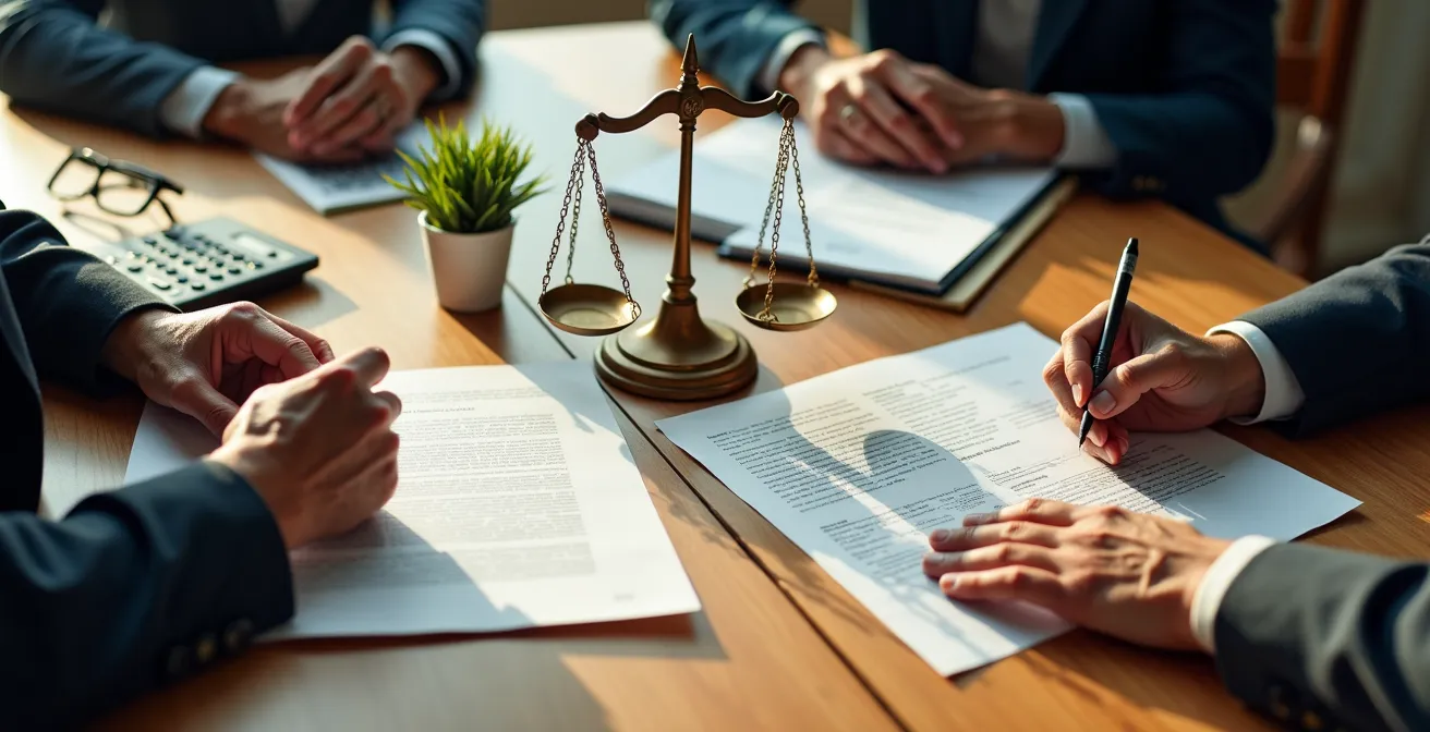 Documents juridiques et calculatrice sur bureau en bois avec mains de seniors signant un contrat