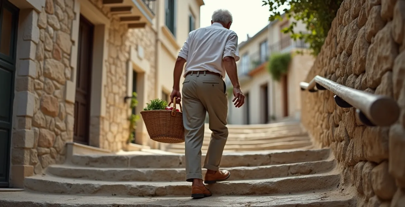 Personne âgée montant des escaliers extérieurs en pierre avec panier de courses
