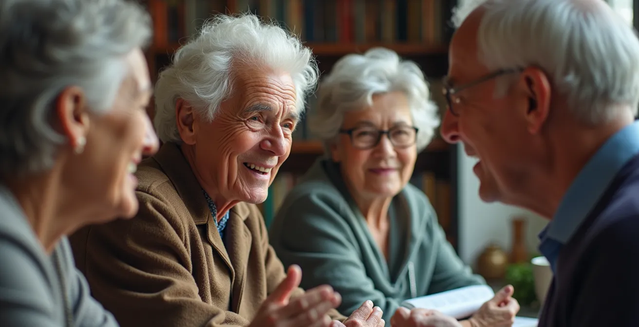 Groupe de seniors pratiquant une conversation en langue étrangère dans un cadre convivial