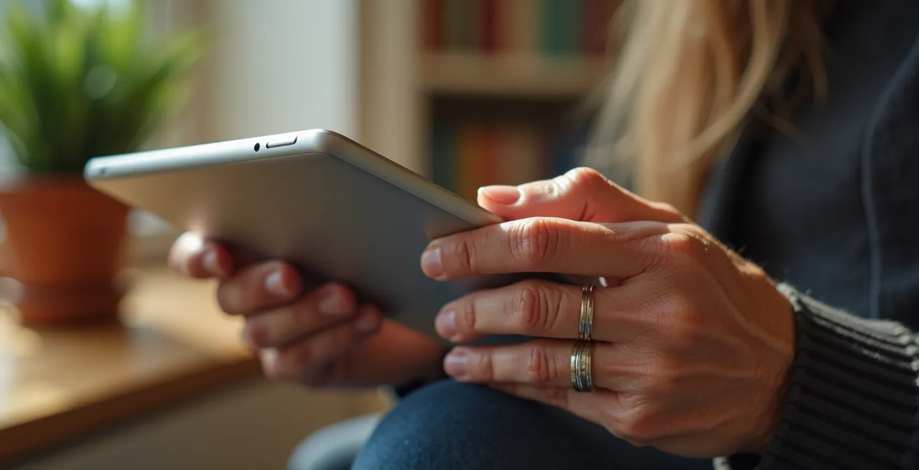 Main de personne senior utilisant une tablette dans un environnement calme et lumineux pour rechercher une mission de bénévolat